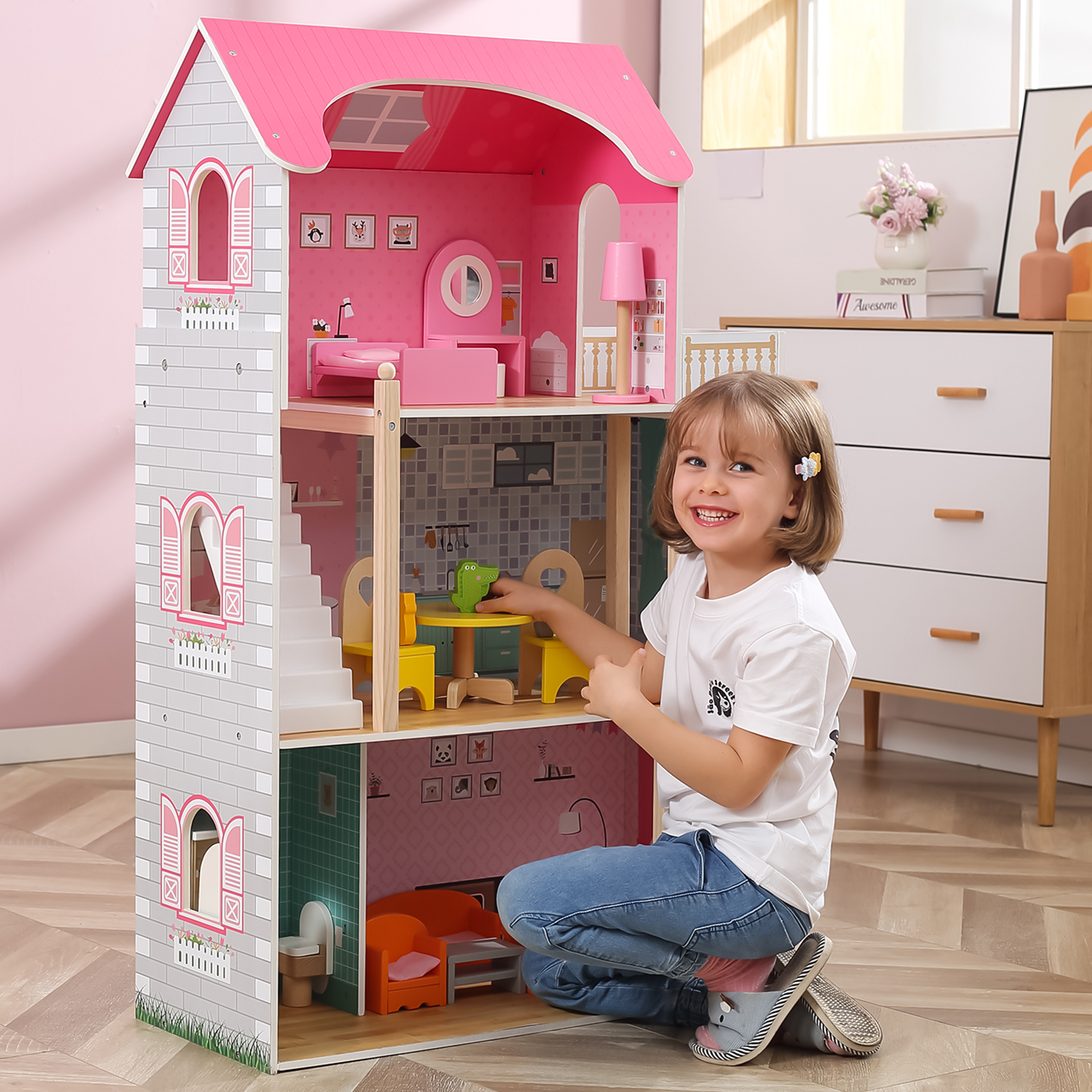 Duży drewniany Domek dla lalek 112,5cm Viga 44570 montessori drewniana zabawka piękny domek dla lalek - obrazek 7