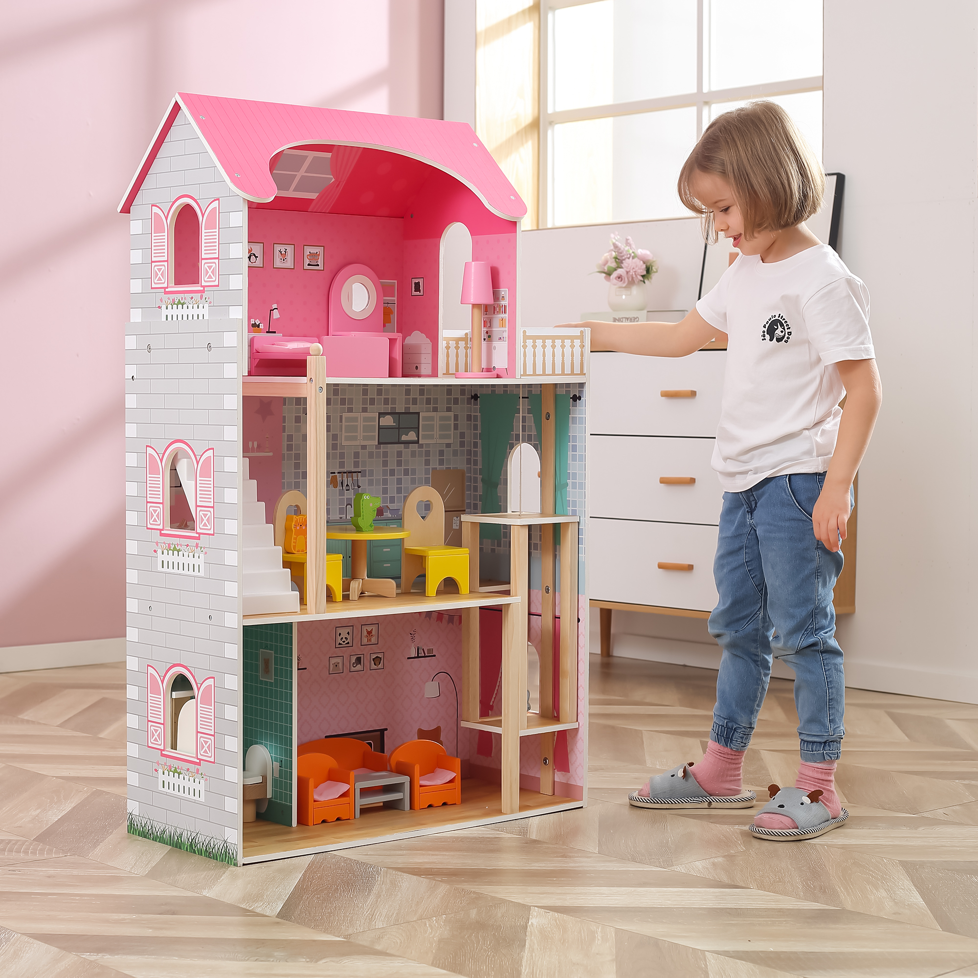 Duży drewniany Domek dla lalek 112,5cm Viga 44570 montessori drewniana zabawka piękny domek dla lalek