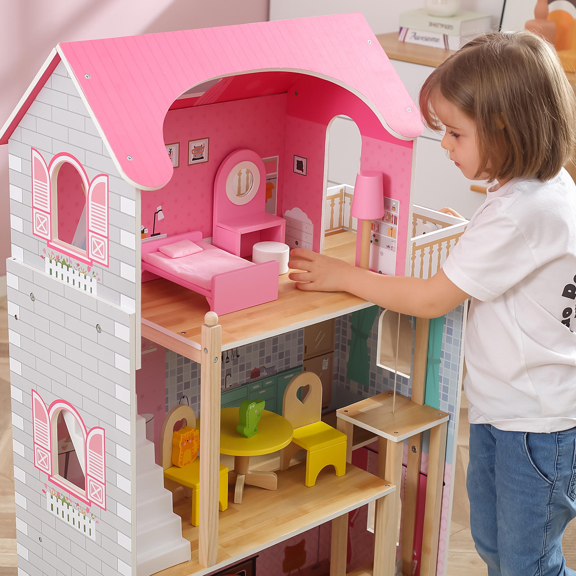 Duży drewniany Domek dla lalek 112,5cm Viga 44570 montessori drewniana zabawka piękny domek dla lalek - obrazek 6
