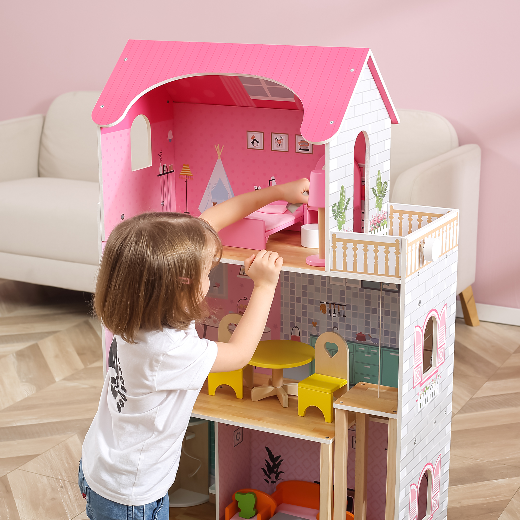 Duży drewniany Domek dla lalek 112,5cm Viga 44570 montessori drewniana zabawka piękny domek dla lalek - obrazek 5