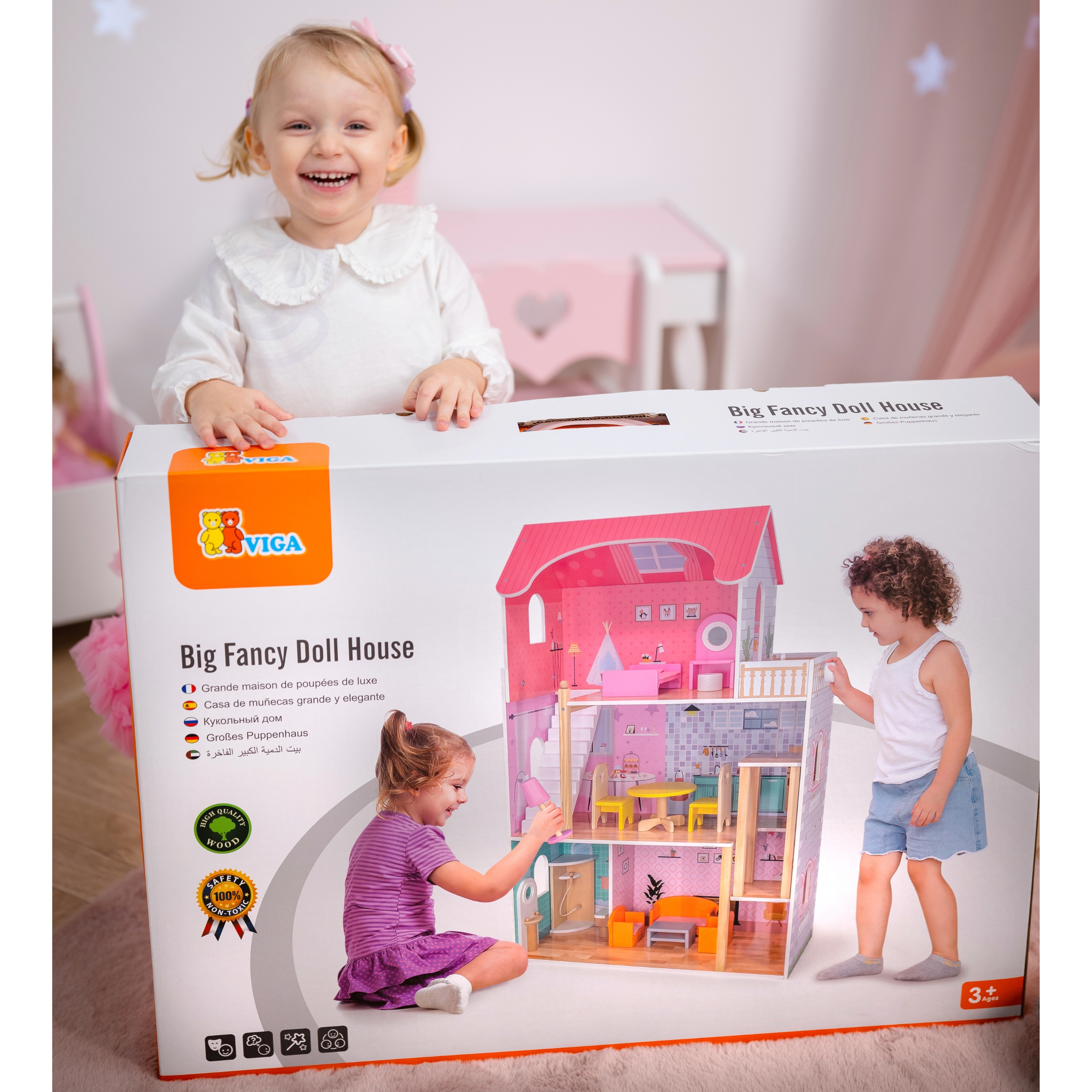 Duży drewniany Domek dla lalek 112,5cm Viga 44570 montessori drewniana zabawka piękny domek dla lalek - obrazek 4