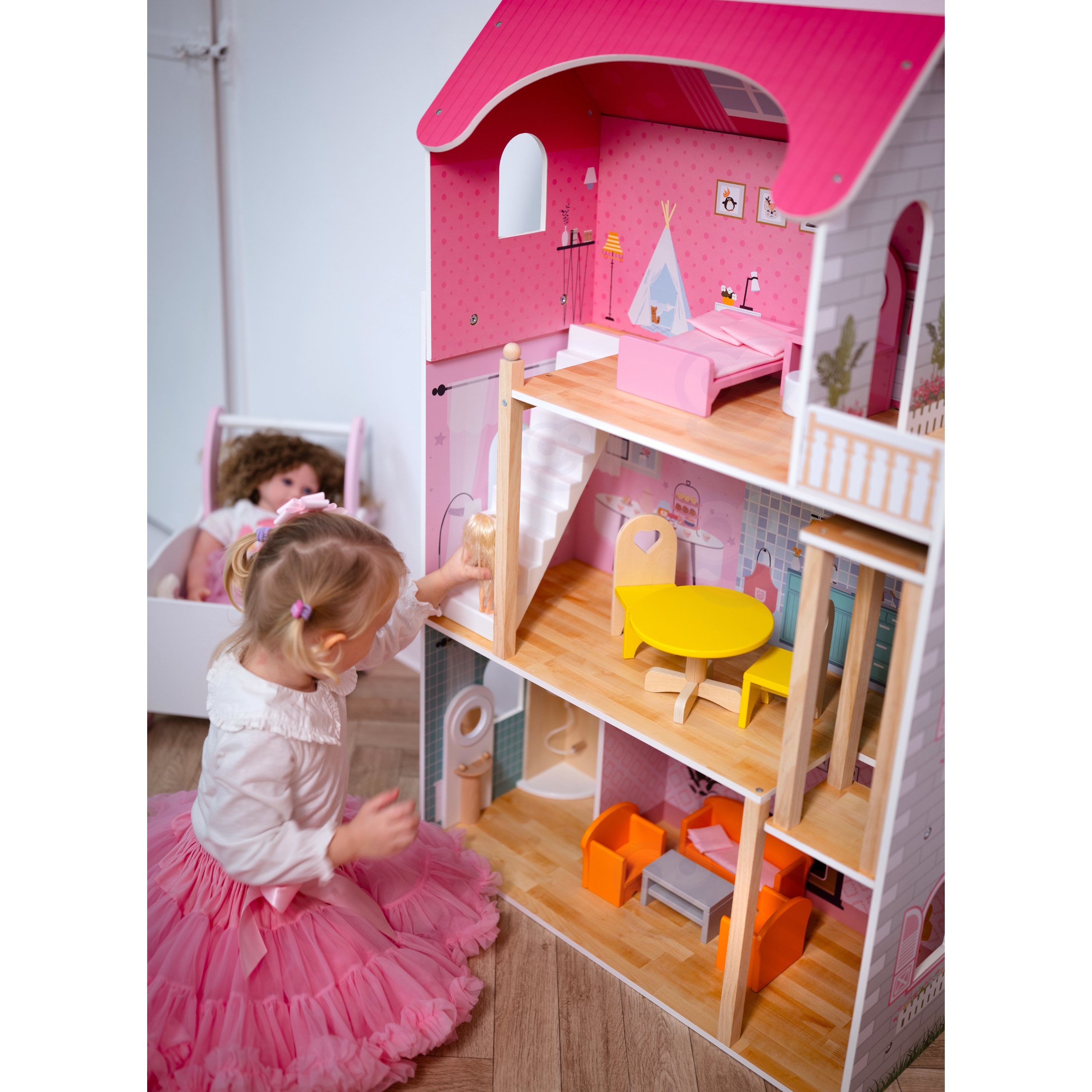 Duży drewniany Domek dla lalek 112,5cm Viga 44570 montessori drewniana zabawka piękny domek dla lalek - obrazek 3