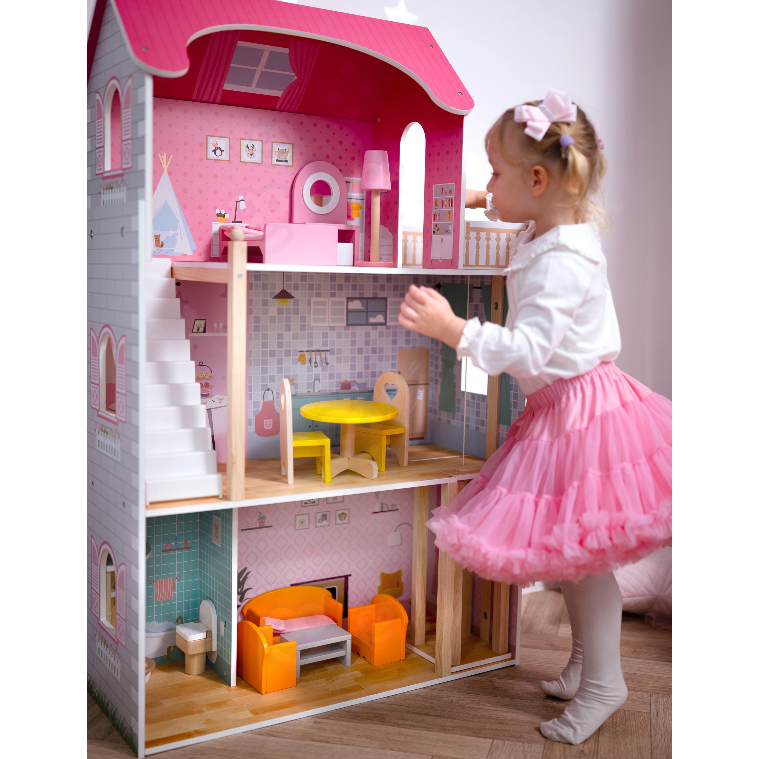 Duży drewniany Domek dla lalek 112,5cm Viga 44570 montessori drewniana zabawka piękny domek dla lalek - obrazek 2